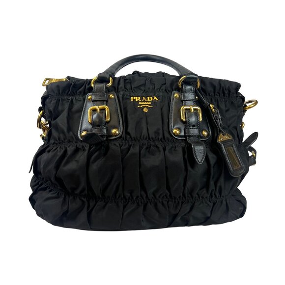 Tessuto Gaufre Nylon Satchel Bag – Black Pleated with Leather Trim - Picture 1 of 7